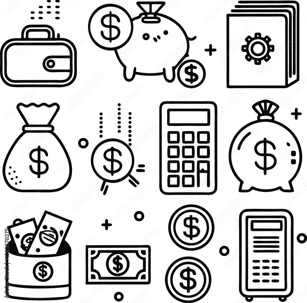 Poster a collection of stylized line art icons representing financial concepts and wealth accumulation incl