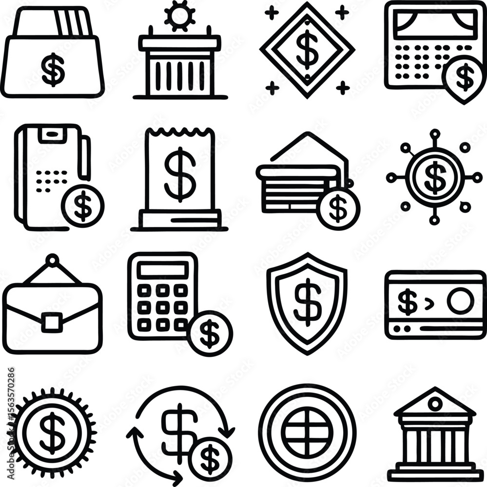 Poster a collection of simple black and white line art icons representing various financial concepts and se