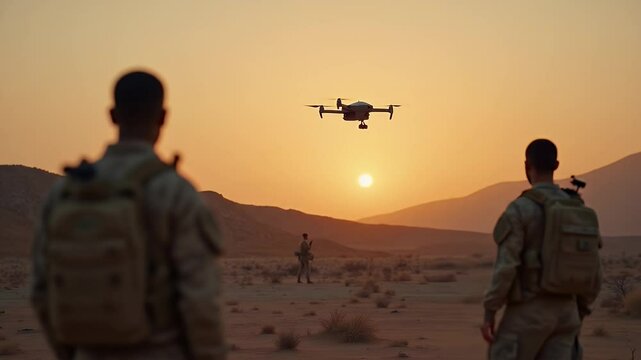 Soldiers operate drone at sunset in desert mission	