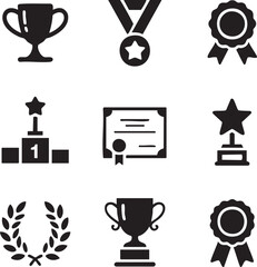 Nine Black Minimalist Achievement Icons Set Trophies Medals Awards Certificates Laurels Winner First Place Star