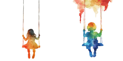 abstract color silhouette of kid on swing watercolor vector illustration