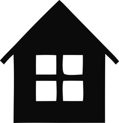 Simple black silhouette of a house with a four pane window against a white background