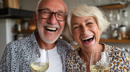 Portrait of happy senior couple with glasses of champagne in kitchen at home