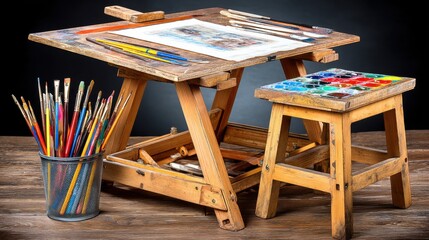 A wooden art easel with a painting palette and brushes on a dark background