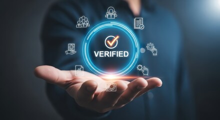 Verified Digital Security: Man Holding Glowing Verification Icon, Data Protection, Cybersecurity Assurance, Trust, Compliance