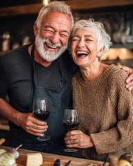 Happy senior couple drinking red wine at home. They are smiling and looking at camera.