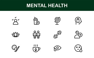 Vector Icon Collection for Mental Health Including Counseling, Mind Care, Emotional Support, and Wellness
