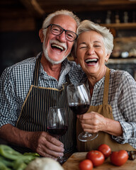 Portrait of happy senior couple drinking red wine in kitchen at home