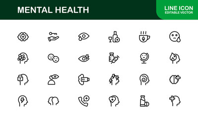 Vector Icon Collection for Mental Health Including Counseling, Mind Care, Emotional Support, and Wellness