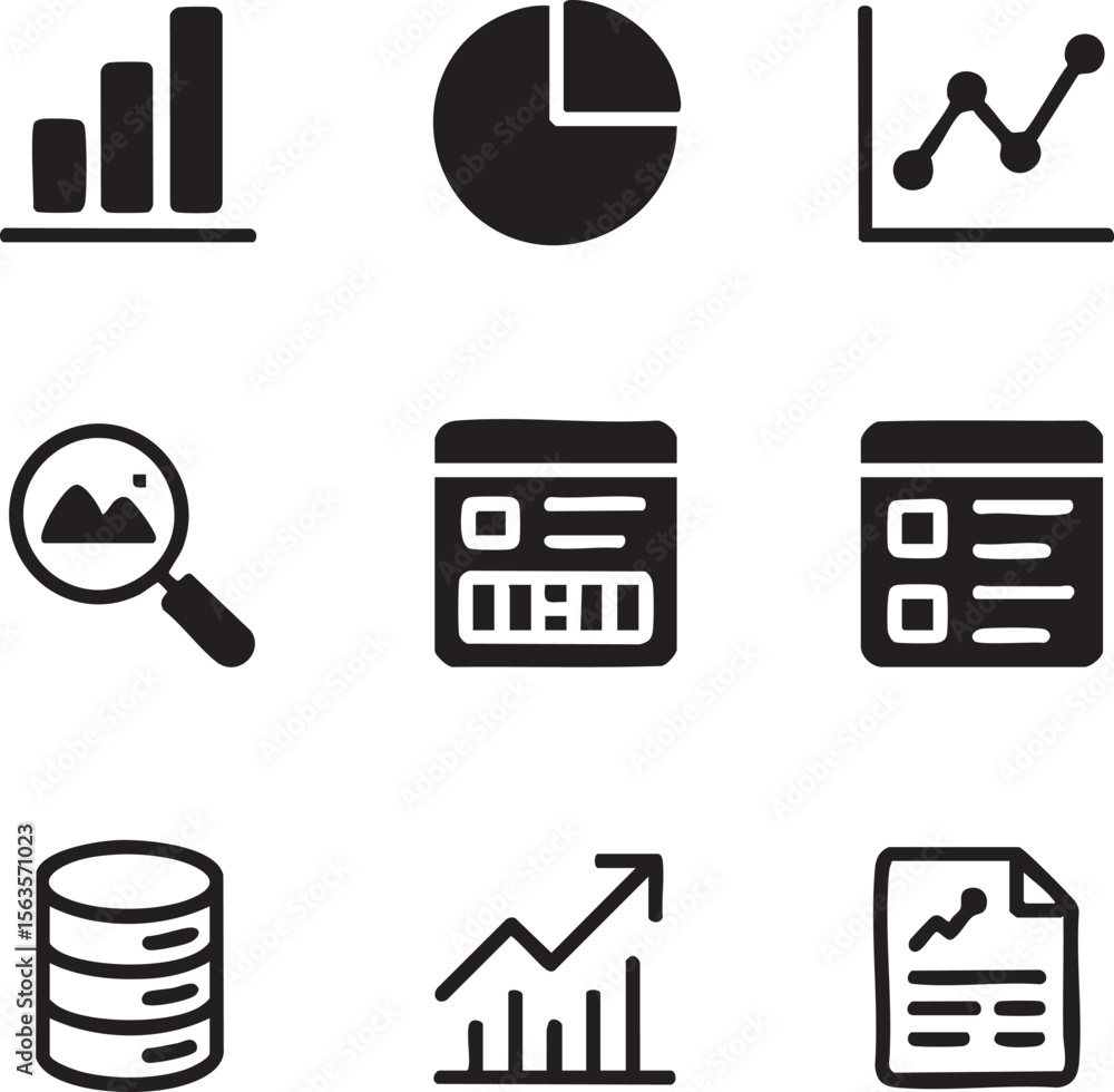 Aufkleber nine black minimalist data analytics icons set bar chart pie chart line graph magnifying glass websi