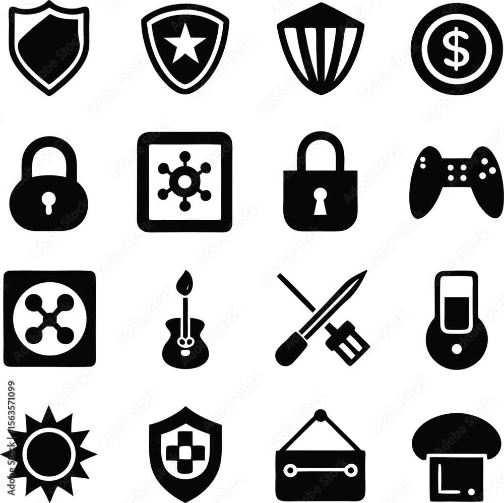 Poster a collection of black and white vector icons representing security gaming music and other miscellane