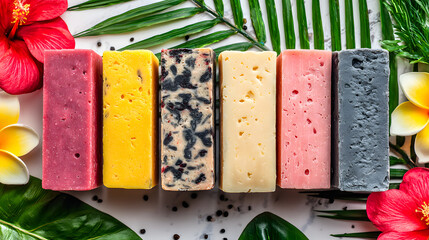 Colorful Handmade Soap Bars Variety: Natural Organic Skincare with Botanical Extracts and Tropical Leaves