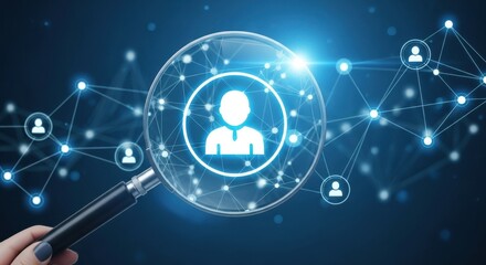 Obraz premium Magnifying glass over a network of people finding talent recruitment human resources