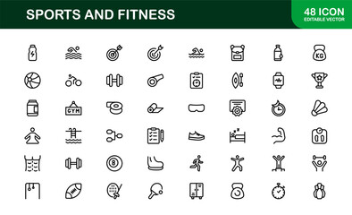 Sports Fitness Line Icon Collection – Unique, Clean, and Stylish Vector Symbols Representing Exercise, Health, Training, and Physical Performance