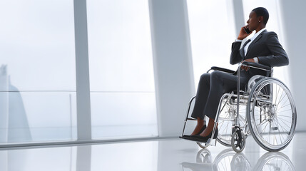 African American Businesswoman in Wheelchair on Phone in Modern Office: Diverse and Inclusive Workplace