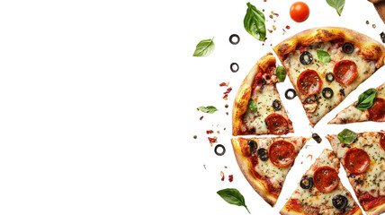 Savory pizza slices topped with pepperoni, olives, and fresh basil on a bright white background, perfect for any festive gathering on transparent background