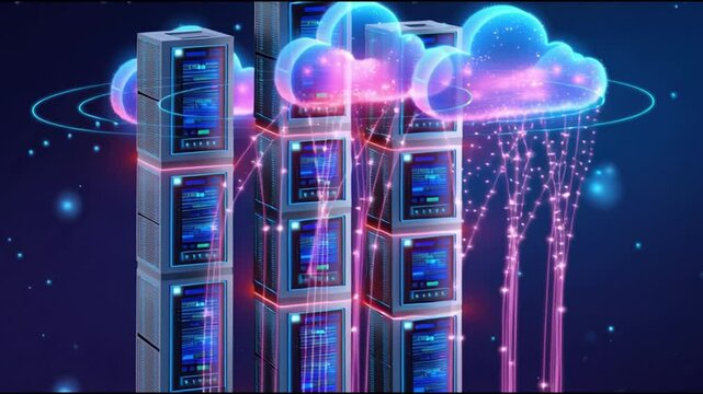 Futuristic Neon Digital Illustration Showcasing Cloud Computing Technology with Glowing Servers, Vibrant Cloud Icons, Data Storage, Connectivity, and Innovation in High Tech Server Environment