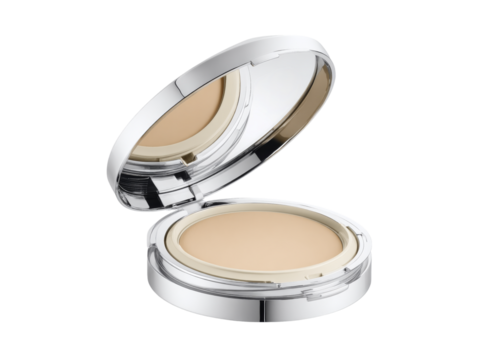 Luxurious compact foundation makeup silver case beige tone, Isolated On Transparent Background, Png Cut Out