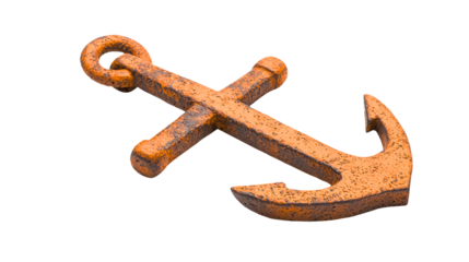 An orange rusted anchor with a weathered texture, isolated on a white background