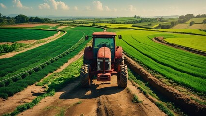Fototapeta premium a tractor in a farm, aerial farm tractor