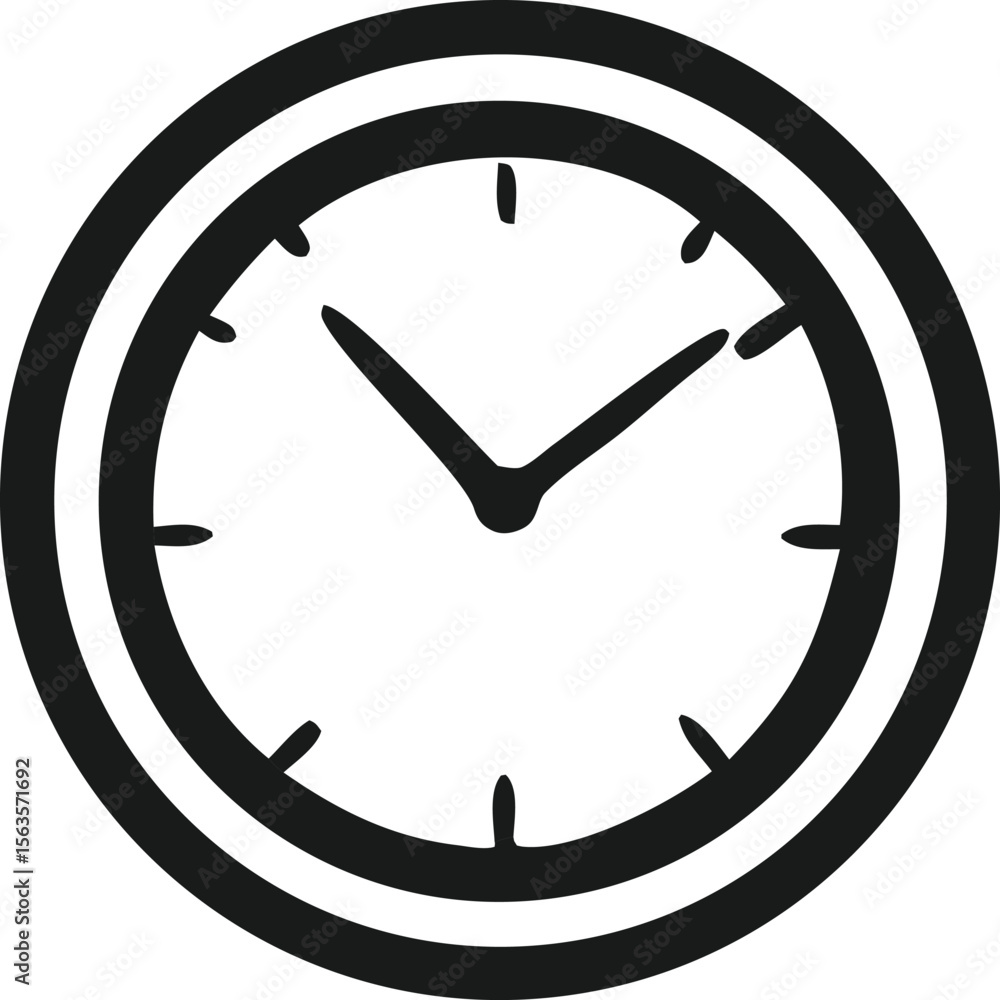 Poster simple black and white icon of a clock face with hour markers and two hands indicating a specific ti