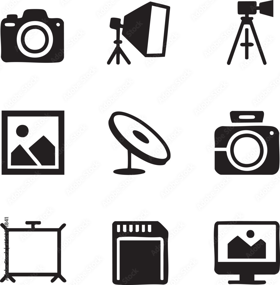 Aufkleber nine black minimalist photography studio icons set camera tripod flash memory card image display vec
