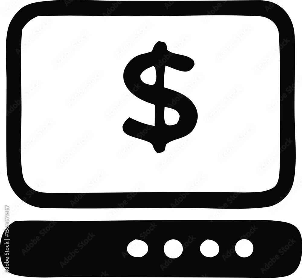 Fototapete Simple black and white illustration of a computer monitor displaying a dollar sign with a base below