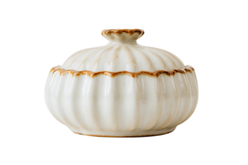 Elegant ceramic container with lid, isolated on transparent background.