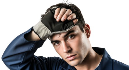 Exhausted construction worker wiping sweat after hard work labor in hot weather conditions outside job site on transparent background
