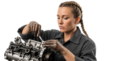 Female mechanic repairing car engine professional auto service maintenance and repair shop expertise on transparent background