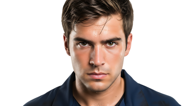 Handsome man portrait with intense gaze and dark hair for fashion and beauty advertising campaign on transparent background