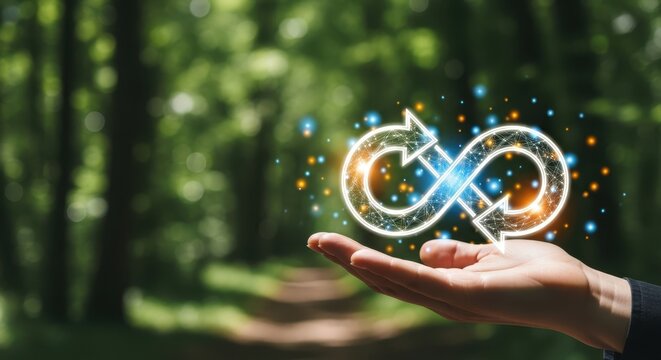 A hand holds a glowing, stylized infinity recycling symbol against a blurred forest backdrop, suggesting sustainability and environmental consciousness. - Powered by Adobe