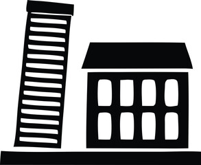 Stylized silhouette of the leaning tower of pisa next to a simple building with multiple windows