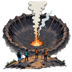 Tourists Exploring Mountain Top Crater Cartoon