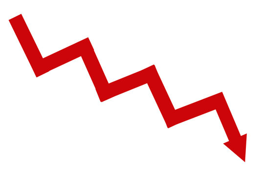 Down fall trend red arrow graph, Red arrow chart graph in downward direction, concept of stock market fall, financial loss.