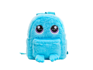 Funny blue monster toy with cartoon character design on white background