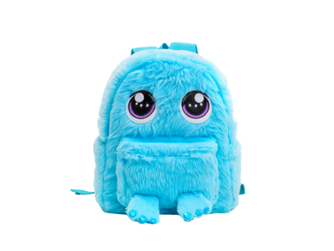 Funny blue monster toy with cartoon character design on white background