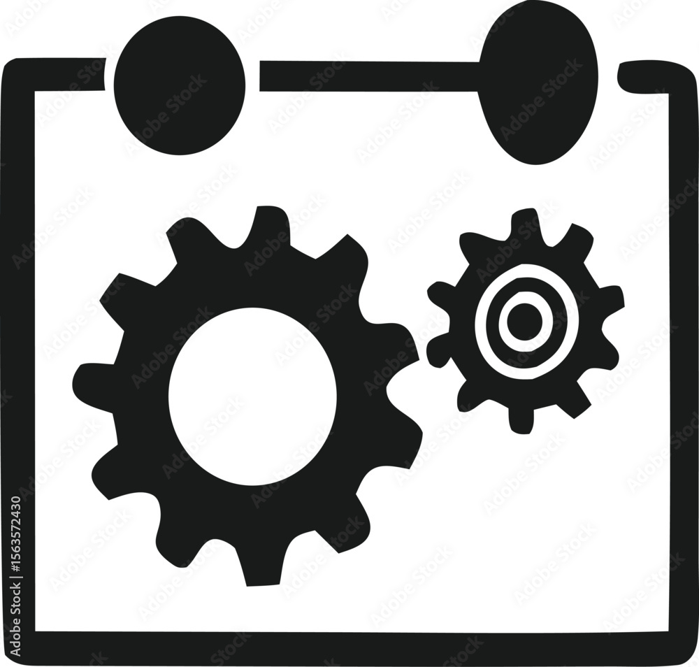 Poster abstract representation of interconnected gears within a framed interface symbolizing process and co