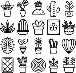 Collection of various potted plants and cacti in a simple black and white line art style