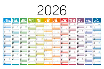 Year 2026 colorful wall calendar on white background, French language, France vector template