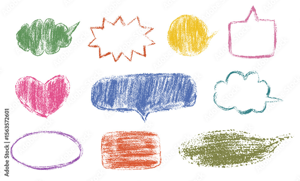 Poster set of crayon speech bubble and text balloons in hand drawn style with pencil texture effect