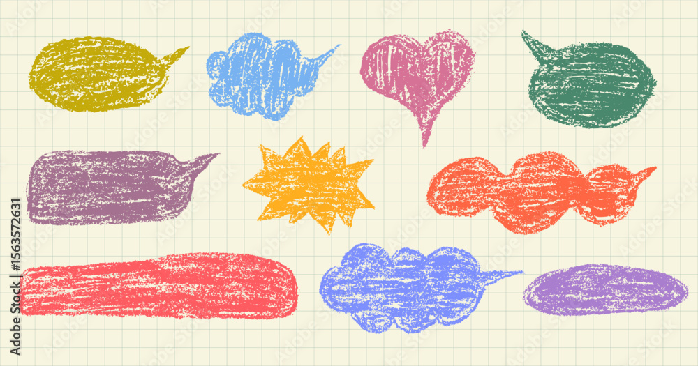 Poster speech bubble frame for text with crayon brush texture in shape of cloud and circle. talk box for di