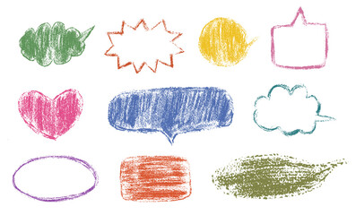 Set of crayon speech bubble and text balloons in hand drawn style with pencil texture effect