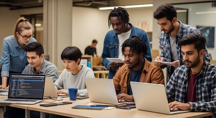 Diverse Team Collaboration Coding Project in Modern Office