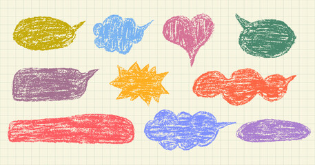 Speech bubble frame for text with crayon brush texture in shape of cloud and circle. Talk box for dialog