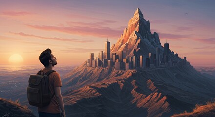 Adventurous young man gazes at a breathtaking cityscape nestled atop a majestic mountain peak at sunset.