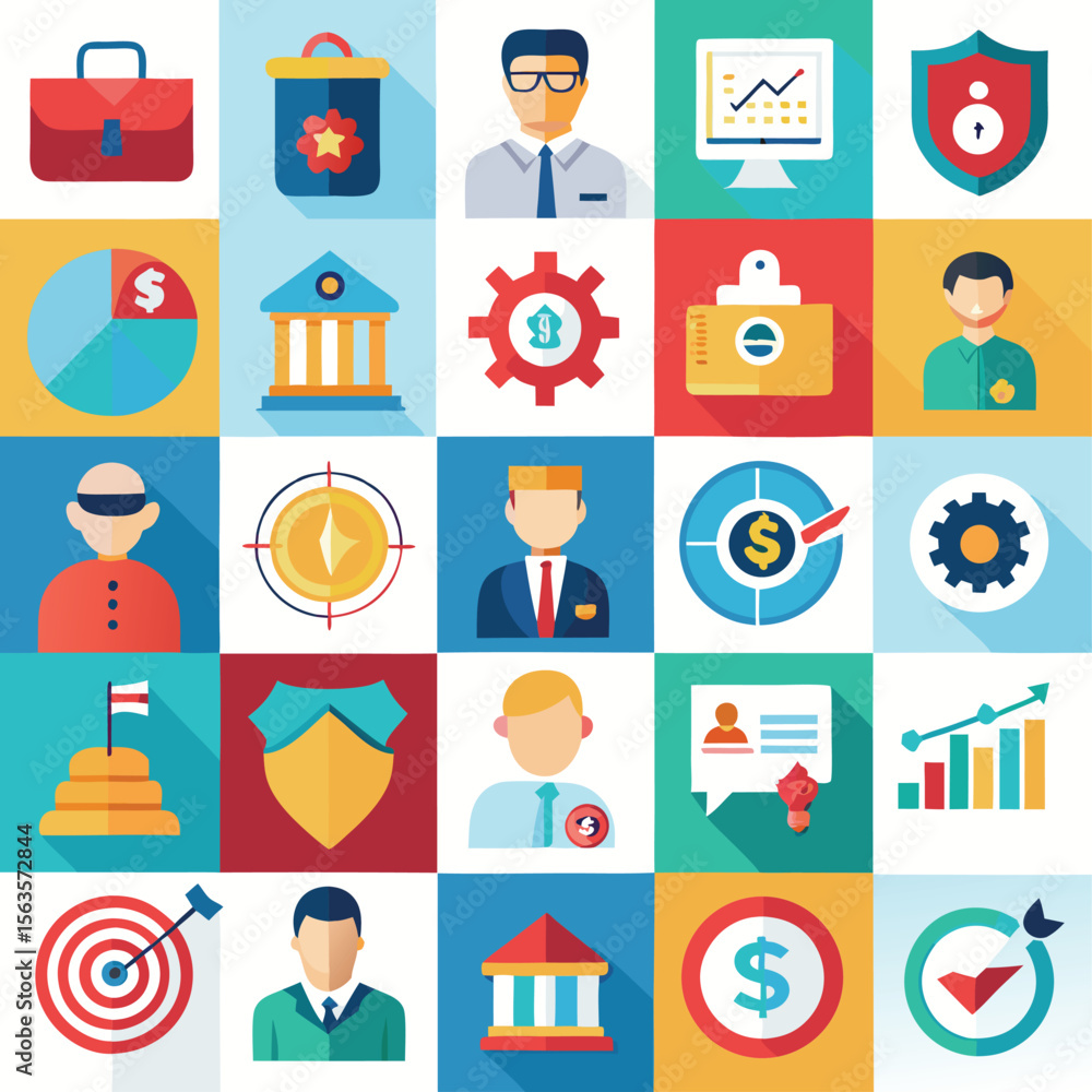 Poster diverse flat design icons representing business finance success and security in a grid layout