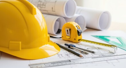 Fototapeta premium Construction helmet, tape measure, compass, pencil, and rulers are arranged on top of architectural blueprints.