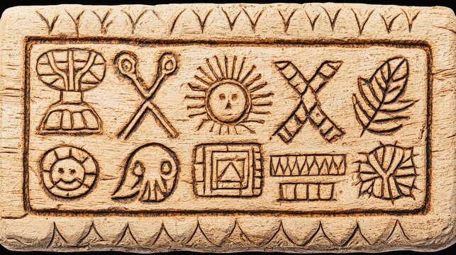 Ancient Beige Stone Tablet with Carved Sun and Plant Symbols