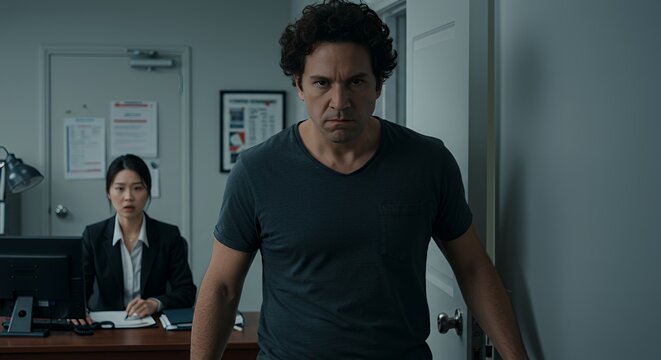 A tense moment unfolds in an office as a man confronts a seated woman, his expression serious and determined, creating a scene of quiet intensity.